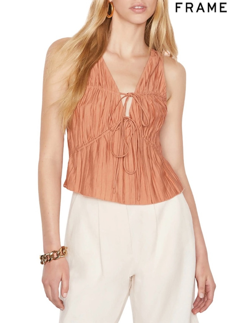 FRAME WOMEN NWT CINCHED CRINKLE V-NECK RAYON TERRACOTTA TANK. SIZE S